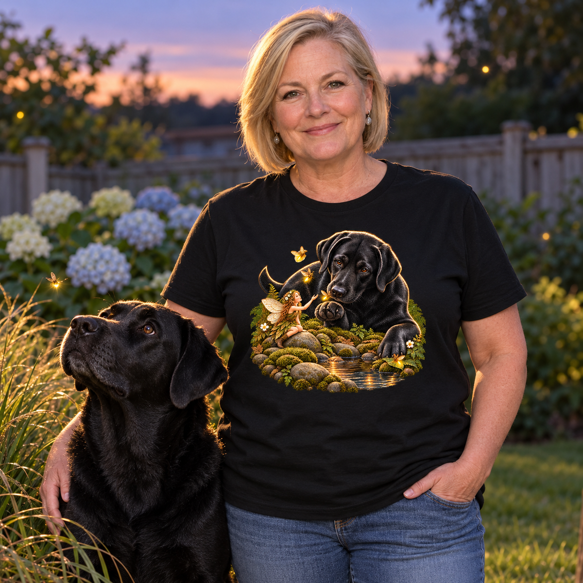 Black Lab and Fairy Fireflies T-Shirt