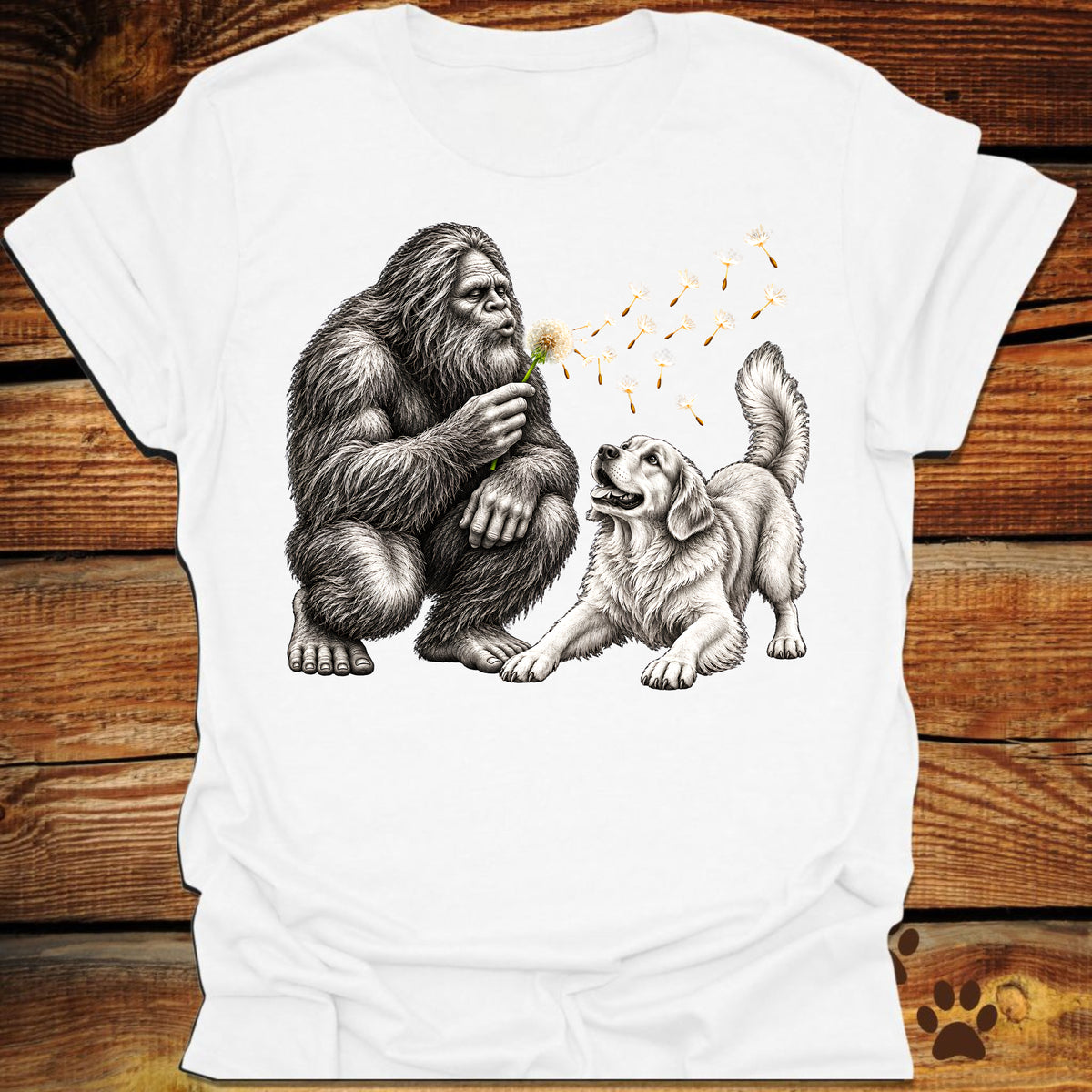 Bigfoot and Golden Retriever Dandelion T-Shirt