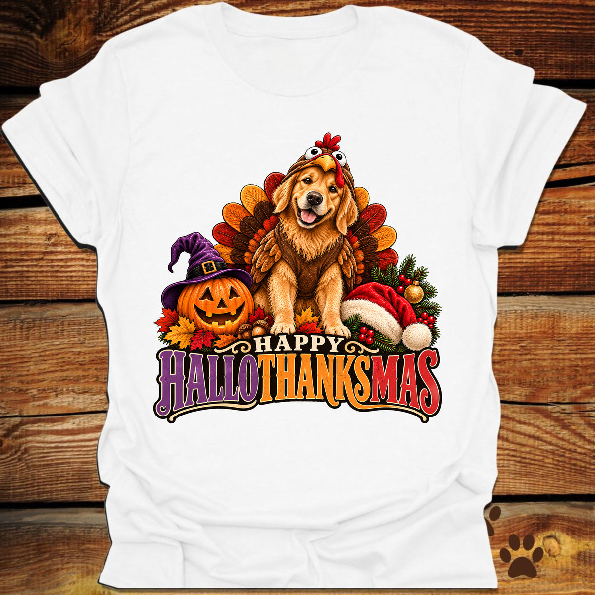 Happy Hallothanksmas Golden Retriever Turkey T-Shirt